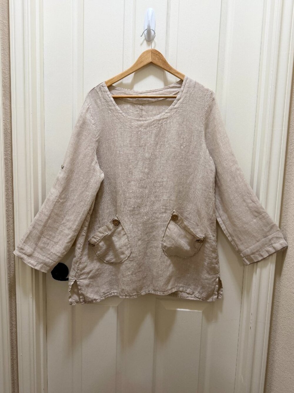 Tempo Paris Made In Italy 100% Linen Tunic Top Size M Beige Cottagecore Boho